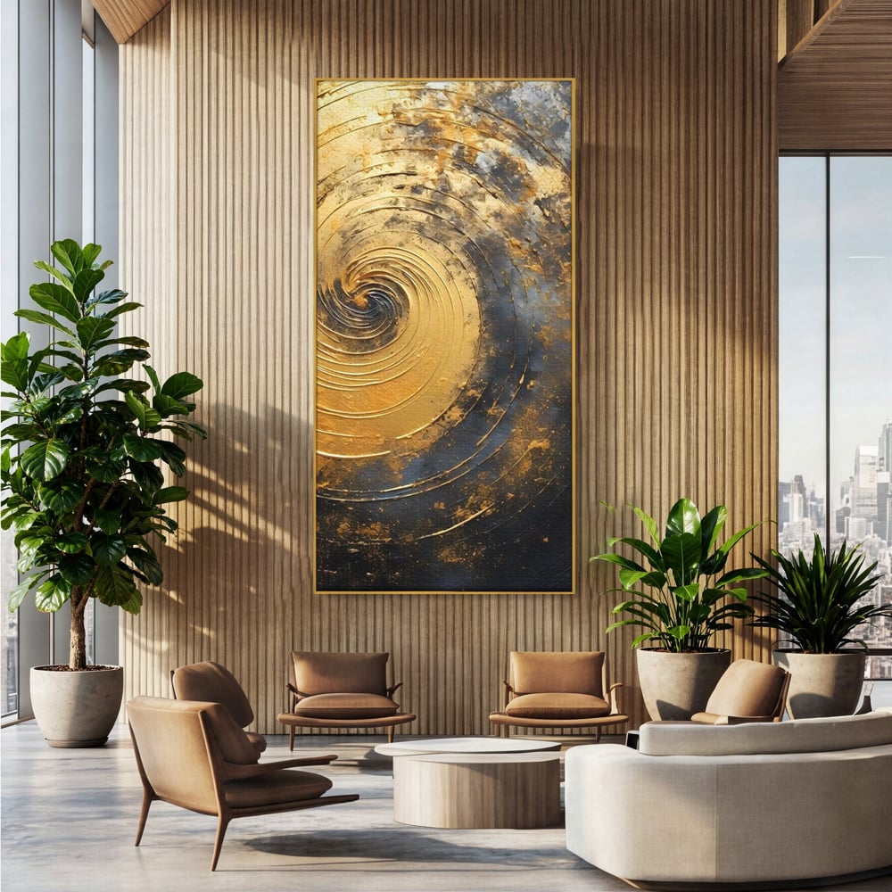 Tablou canvas cu pictura abstracta cu spirala aurie, in rama de aluminiu auriu, pe perete intr-un birou